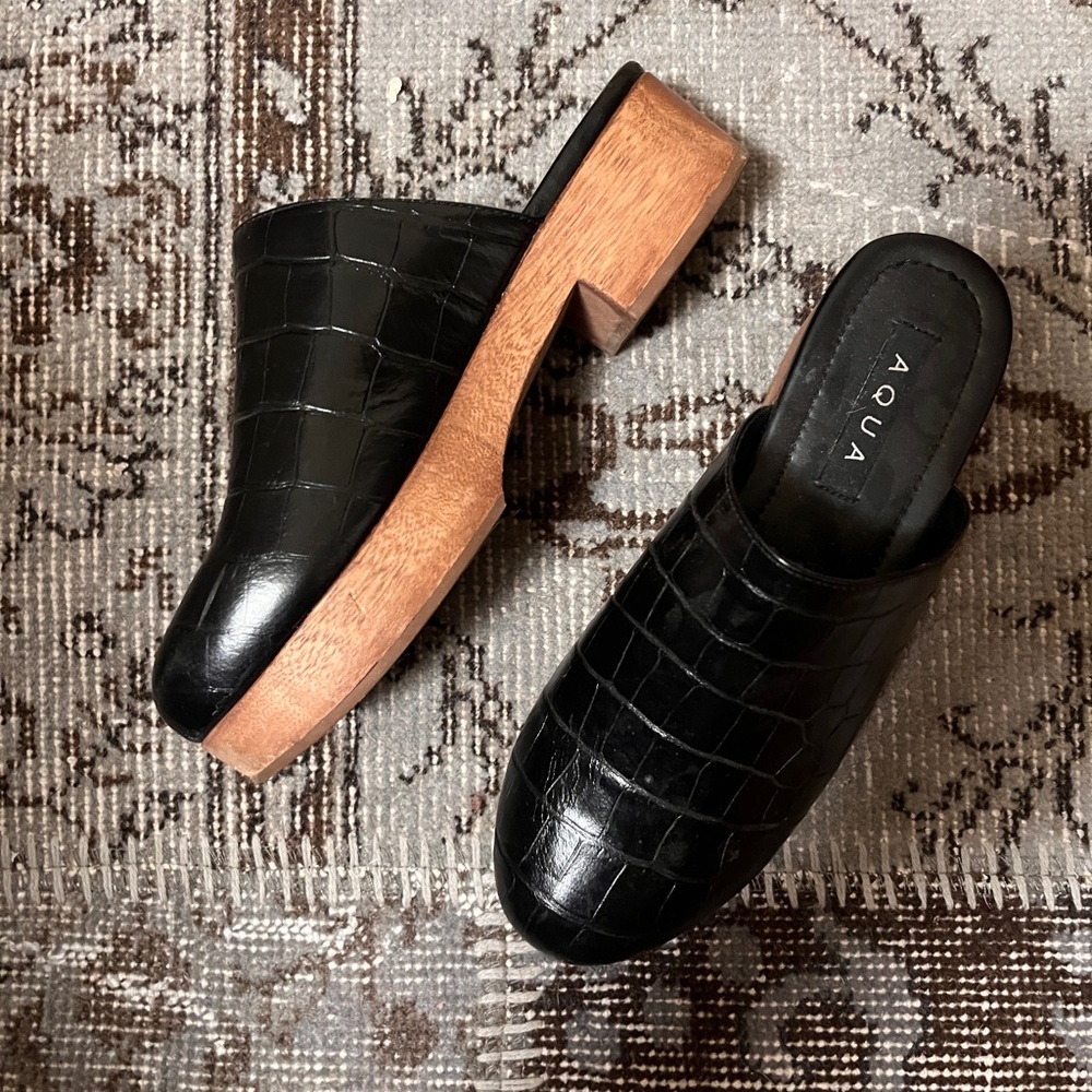 Aqua Black Croc-Patterned Mules with Wooden Heel